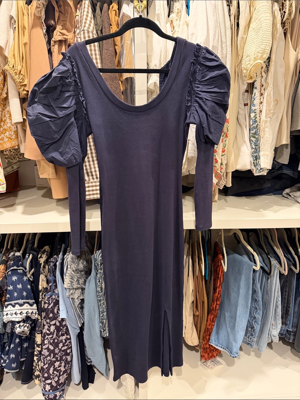 Cleobella Navy Puff-Sleeve Midi Dress